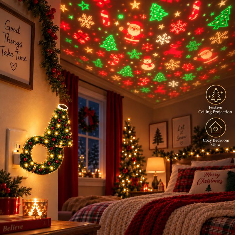 Christmas Tree & Wreath USB Night Light – Holiday Ceiling Projector