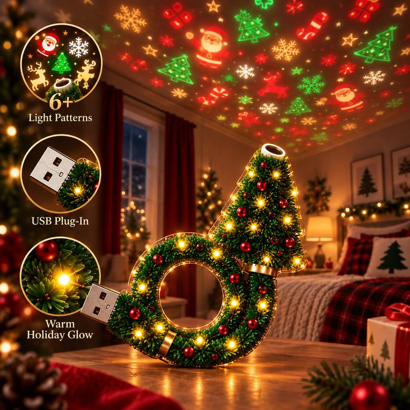 Christmas Tree & Wreath USB Night Light – Holiday Ceiling Projector