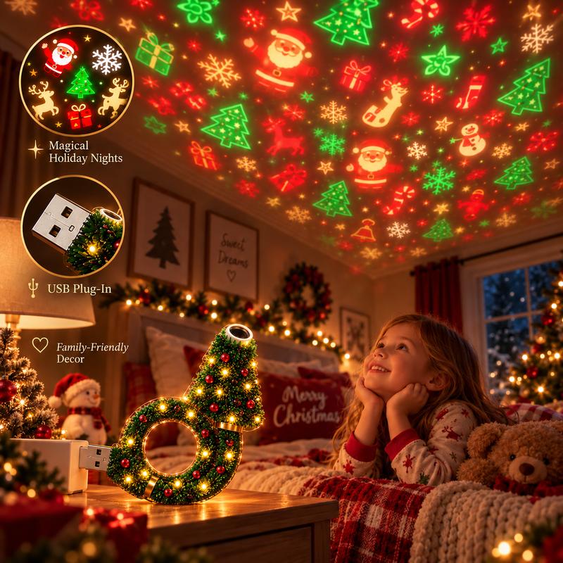Christmas Tree & Wreath USB Night Light – Holiday Ceiling Projector