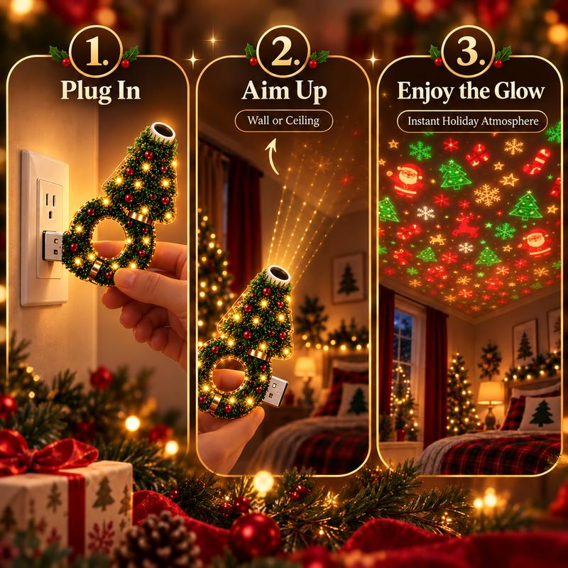 Christmas Tree & Wreath USB Night Light – Holiday Ceiling Projector